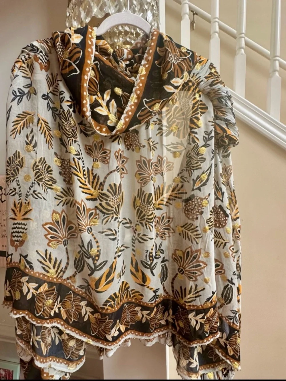 FARM Rio Floral Metallic Accent Blouse in Ivory and Gold Embellishments XL